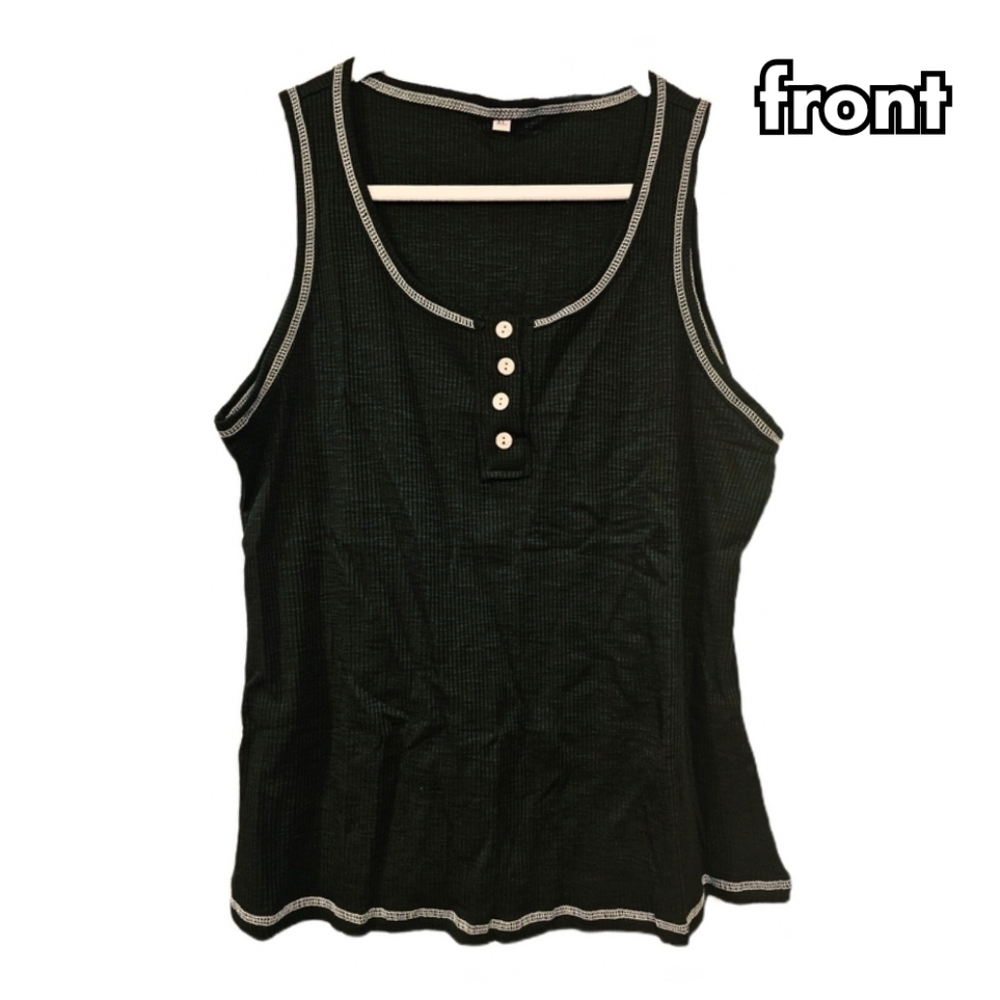 henley ribbed scoop neck tank top size XL in black with white stitching